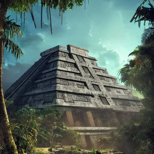 Image similar to Brutalist mayan temple in the jungle, beautiful dynamic lighting, cinematic, wide angle establishing shot, extremely high detail, photo realistic, cinematic lighting, post processed, concept art, artstation, matte painting, style by eddie mendoza, raphael lacoste, alex ross