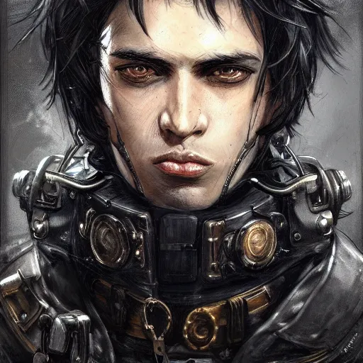 Image similar to portrait of a man by ayami kojima, black, french, he is about 2 0 years old, short black hair, annoyed older brother vibes, he is wearing a steampunk tactical gear, highly detailed portrait, digital painting, artstation, concept art, smooth, sharp foccus ilustration, artstation hq