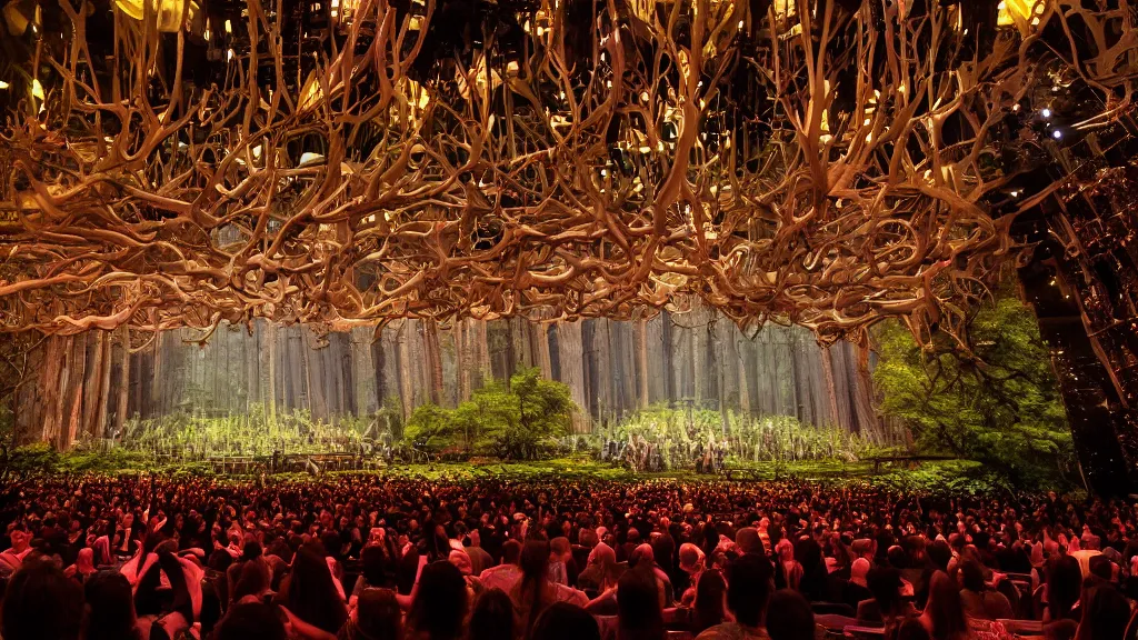 Image similar to fantastical opera set featuring glowing stacked computer monitors on stage, with dancers suspended from the ceiling. And trees on stage. A theater set of a forest with stacked computers. Professional photo from the perspective of the audience with the blurry shadows of audience members in the foreground. Inside the Metropolitan Opera House.