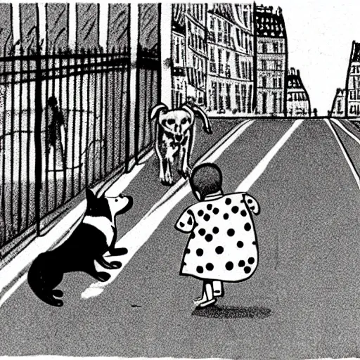 Image similar to book illustration of a french boy on the streets of paris playing football against a corgi, the dog is wearing a polka dot scarf, 1 9 6 6