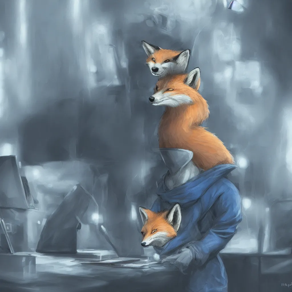 Prompt: an anthropomorphic fox in a blue hoodie sitting in front of the computer, dark tones, concept art, digital art, highly detailed, anime, by hayao miyazaki