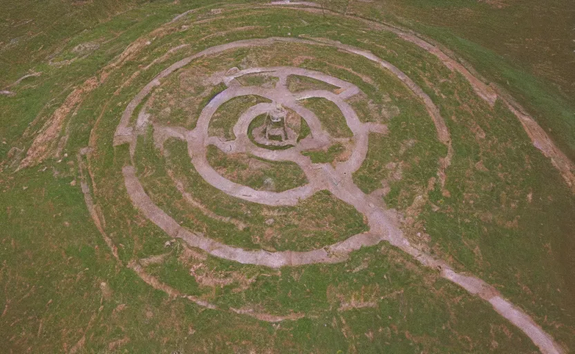 Image similar to high quality 2000s historic footage of gigantic labyrinth liminal space style megalith, color aerial photo drone, Cinestill 800t, heavy grainy picture, very detailed, high quality, 4k panoramic