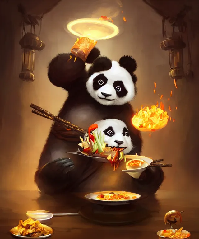 Image similar to a portrait an anthropomorphic panda mage eating chinese food, wearing mage robes, restaurant in background, cute and adorable, dnd character art portrait, well rendered matte fantasy painting, deviantart artstation, by jason felix by steve argyle by tyler jacobson by peter mohrbacher, cinematic lighting