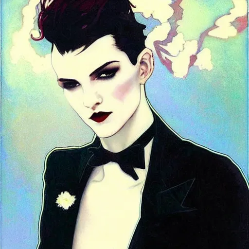 Prompt: handsome portrait of androgynous ruby rose as desire from sandman in a white tuxedo!!!, rockabilly style,, by alphonse mucha, by jeremy mann, by peter lindbergh, dave mckean, by frank moth, white suit and black tie, soft lightning, high detailed, 8 k