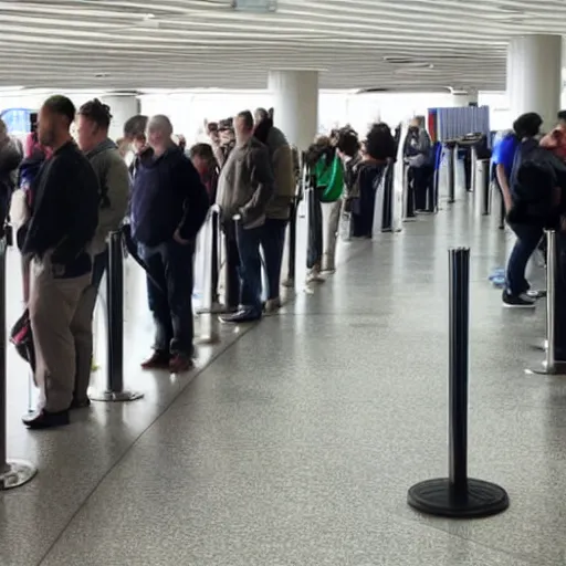 Image similar to guys waiting in line for customs at jfk airport, they are looking at a mural, photorealistic, photograph 4 k