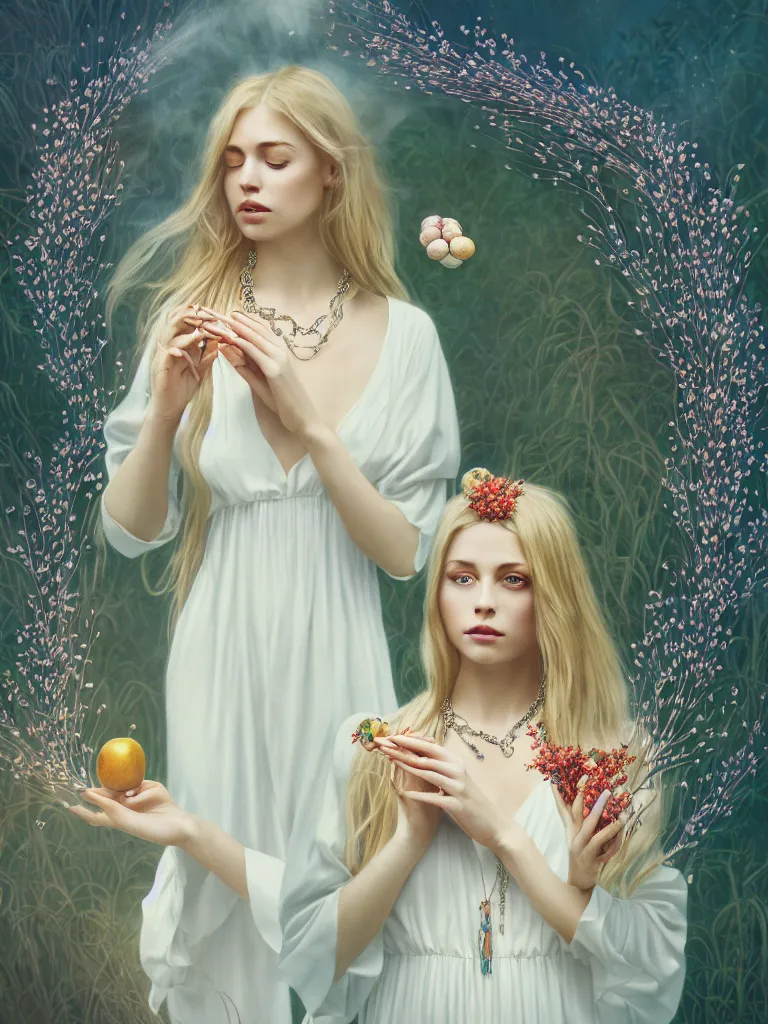 Image similar to blonde girl in white dress in beautiful window, necklace with a fruit seed ornament, ocean eyes, light freckles, incense smoke and flowers in the background, portrait, mucha, conceptart, medium shot, unreal, octane, symmetrical, photorealism.