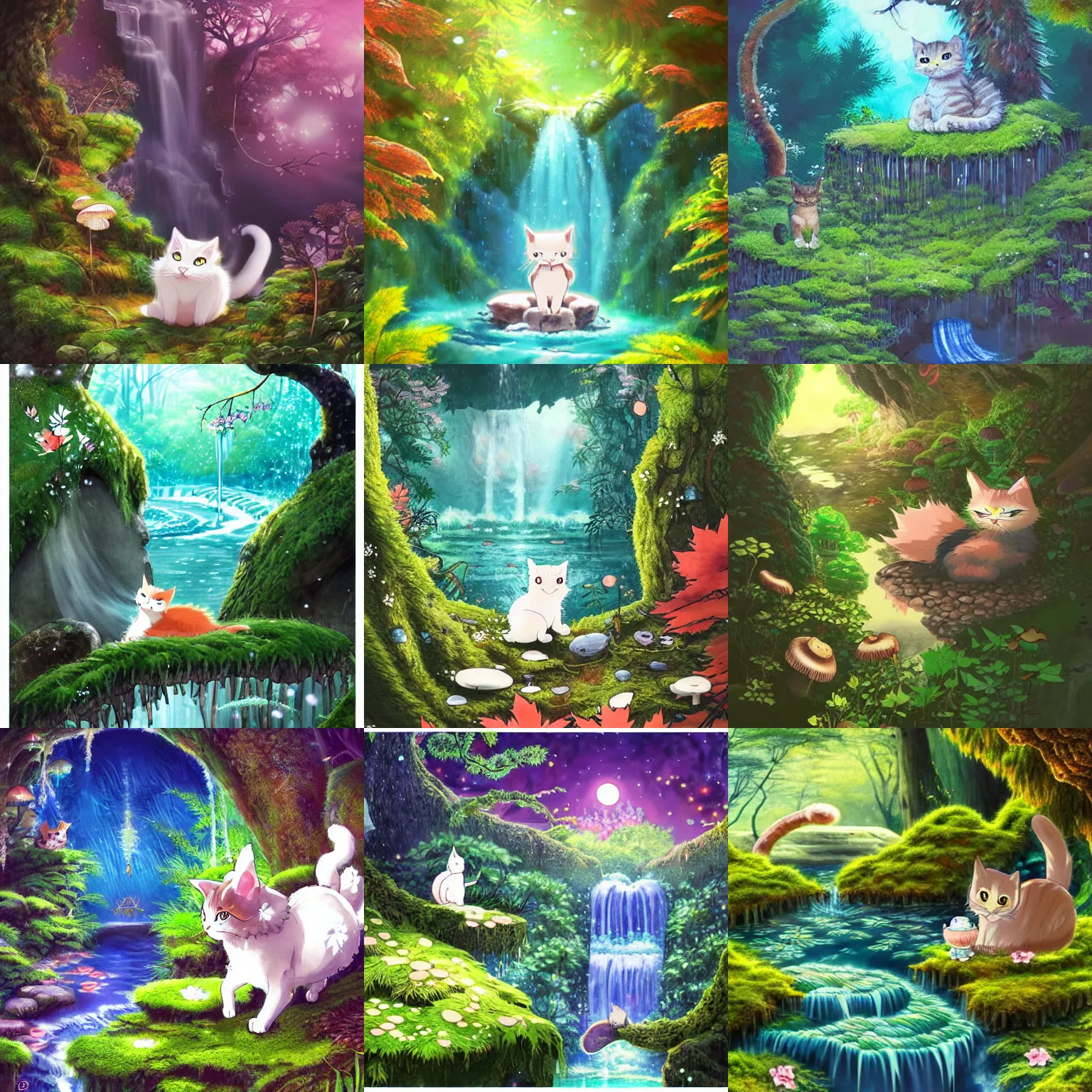 Prompt: japanese animation art, cat with fairy wings, cute kitten, cottagecore, moss, Maple leaf Ferns, mushrooms, fantasy Japanese Temples, amber-like crystal clear water, waterfalls, summer feeling, Dramatic lighting, miyazaki, nausicaa, ghibli, wild style, hyper details