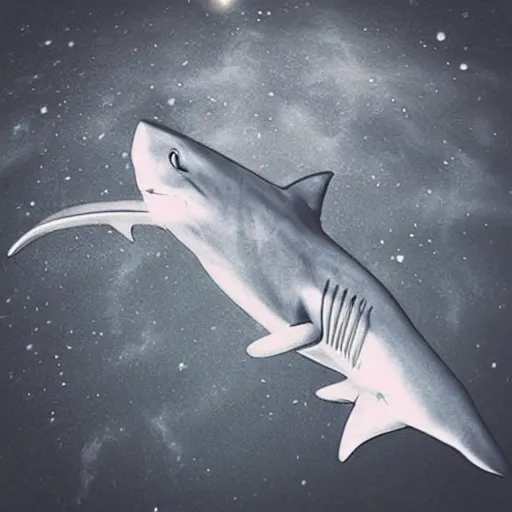 Image similar to “ a shark with wings flying in outer space”