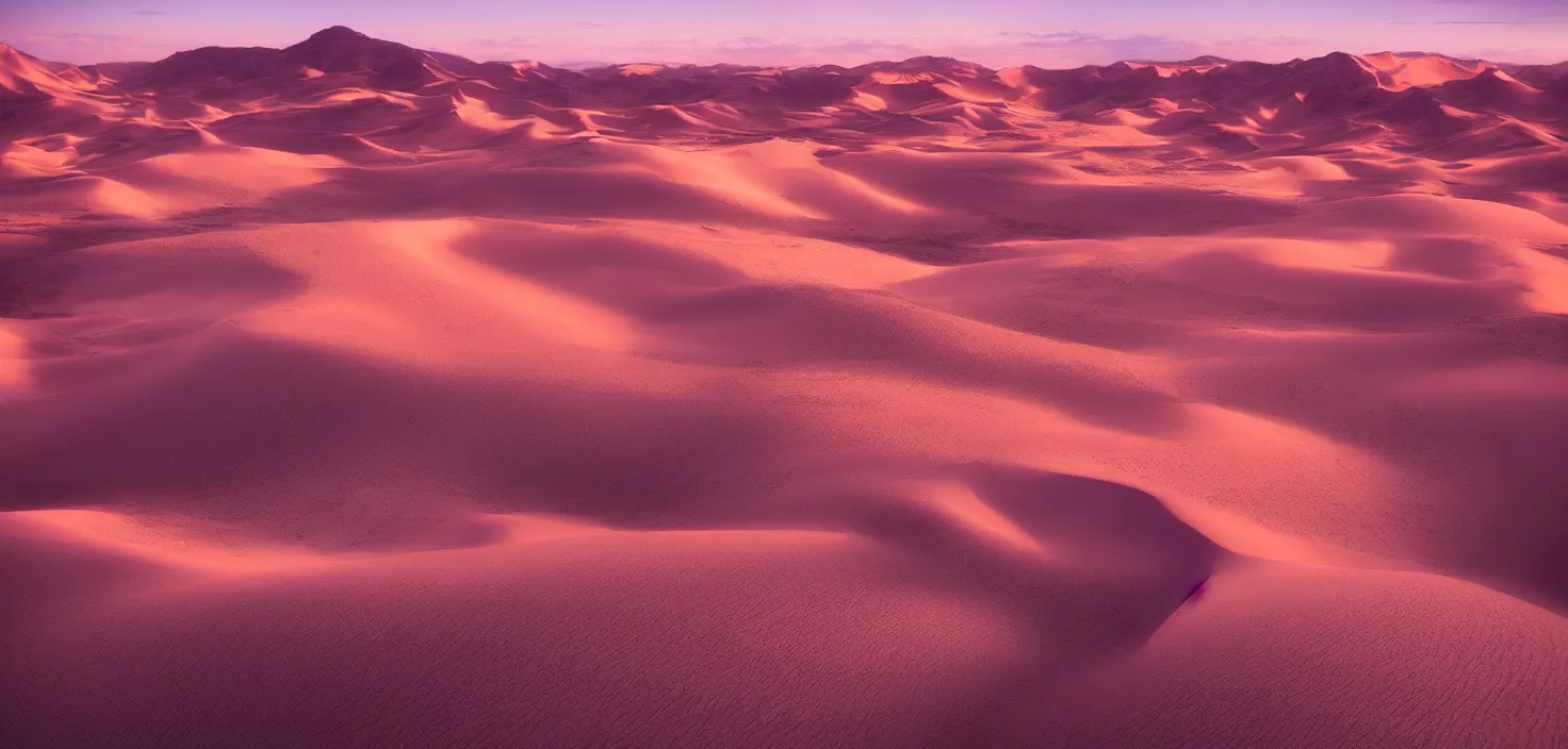 Prompt: amazing landscape photo of desert dunes in sunset by max rive, pink color palette, beautiful dramatic lighting