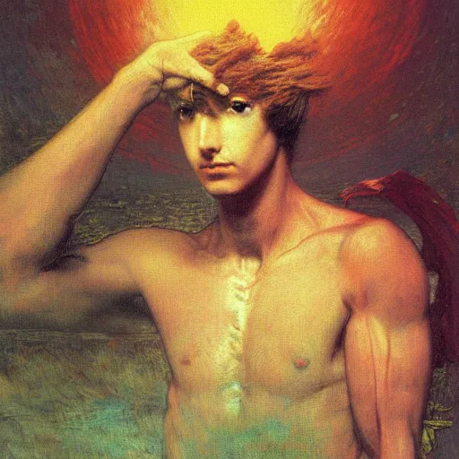 Prompt: A vedalken engineer, by Noriyoshi Ohrai, George Frederic Watts, Opticalfiber, Bird's Eye, Vaporwave, 1960s, New Realism