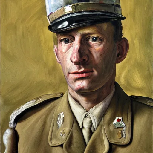 Prompt: high quality high detail painting by lucian freud, hd, exaggerated portrait of a soldier, photorealistic lighting