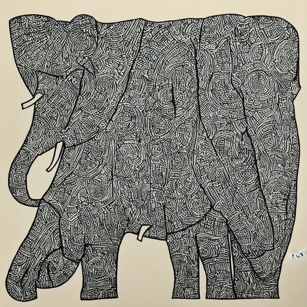 Prompt: block print, cubist style, simple, colored elephant art