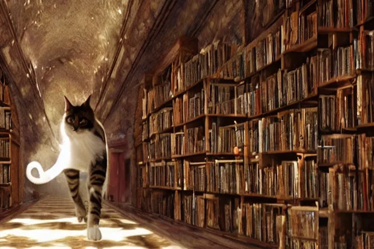 Prompt: fantasy VFX movie of a cat walking through a wizards magic underground library, natural lighting by Emmanuel Lubezki