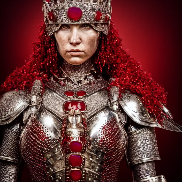 Prompt: full body portrait photo of a beautiful strong warrior queen wearing ruby encrusted armour, highly detailed, 4 k, hdr, smooth, sharp focus, high resolution, award - winning photo