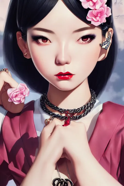 Prompt: a pin up and beautiful fashion dreamlke japan girl with lv jewelry, character art, art by artgerm and wlop and and ilya kuvshinov, hyperdetailed, 8 k realistic, symmetrical, frostbite 3 engine, cryengine, dof, trending on artstation, digital art, chanel, dior, fantasy background