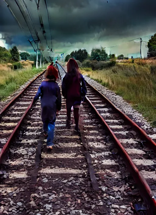 Prompt: young friends walking on train tracks on a sunny day, 1 9 8 0 s, moody cinematic photo, friendship, good feeling, hyper real, octane render, 8 k, photorealism