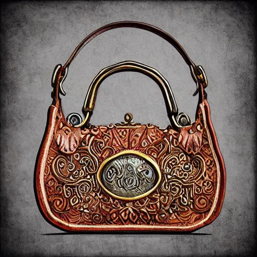 Image similar to an ornate small leather bag, fantasy illustration, medieval era, blank background, studio lighting, hand - drawn digital art