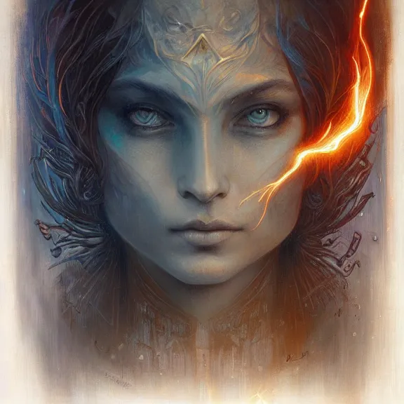 Image similar to a highly detailed portrait in the style of jean delville and in the style of peter mohrbacher. glowing rune of magical power.