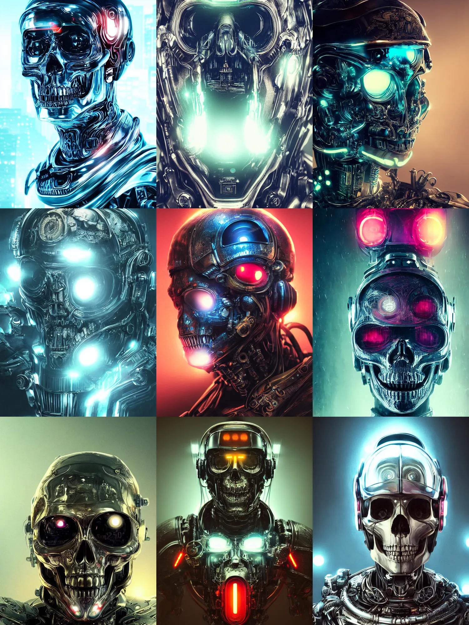 Prompt: portrait art of 8k ultra realistic retro futuristic skull helmet, lens flare, atmosphere, glow, detailed,intricate,blade runner, cybernetic, full of colour, cinematic lighting, trending on artstation, 4k, hyperrealistic, focused, extreme details,unreal engine 5, cinematic, masterpiece, art by ayami kojima, giger