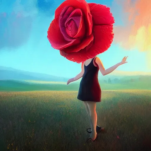 Image similar to portrait, giant rose flower head, girl dancing in a suit, surreal photography, sunrise, blue sky, dramatic light, impressionist painting, digital painting, artstation, simon stalenhag