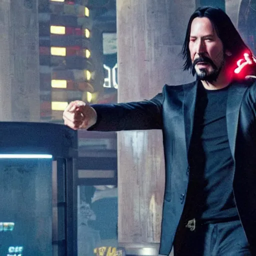 Image similar to Keanu Reeves facepalming over how bad Cyberpunk 2077 was