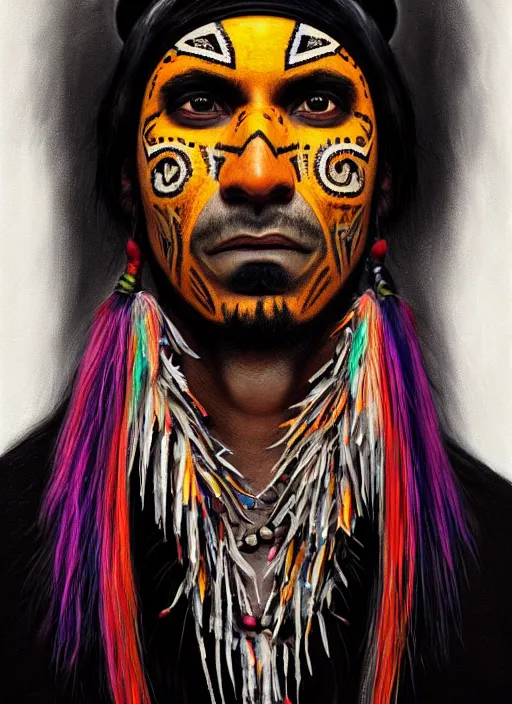 Image similar to portrait of an indigenous man with a crooked nose and a confident expression, 1 9 6 0 s, black clothes, goth, punk, brightly coloured hair, funk, intricate, elegant, highly detailed, digital painting, artstation, concept art, smooth, sharp focus, illustration, art by wlop, mars ravelo and greg rutkowski