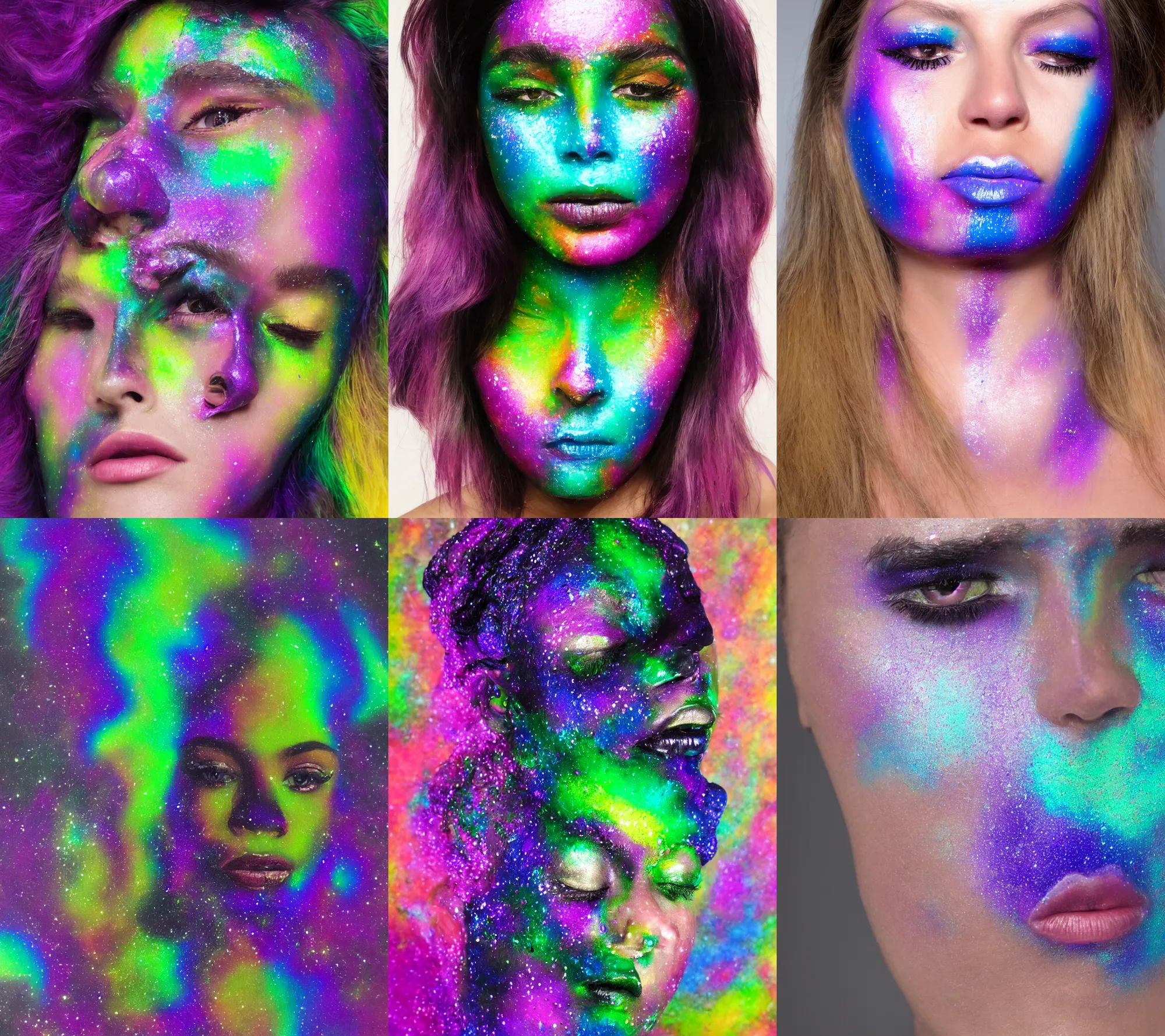 Prompt: oilslick face portrait with cosmic skin