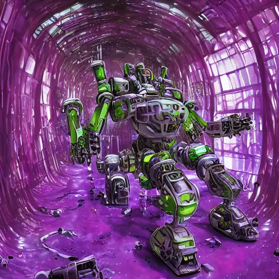 Prompt: detailed shot of inside a cavernous living stomach of a mecha goddess, the walls purple and pulsing, lots of acid pooling up on the floor, digesting and dissolving a small human as it thrashes in acid, food pov, micro pov, vore, digital art, furry art, anthro art, high quality, 8k 3D realistic, macro art, micro art, Furaffinity, Deviantart, Eka's Portal, G6