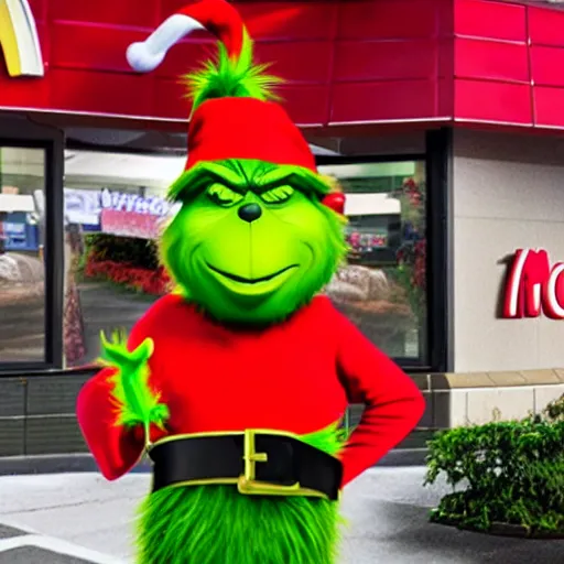 Image similar to the grinch working at mcdonalds