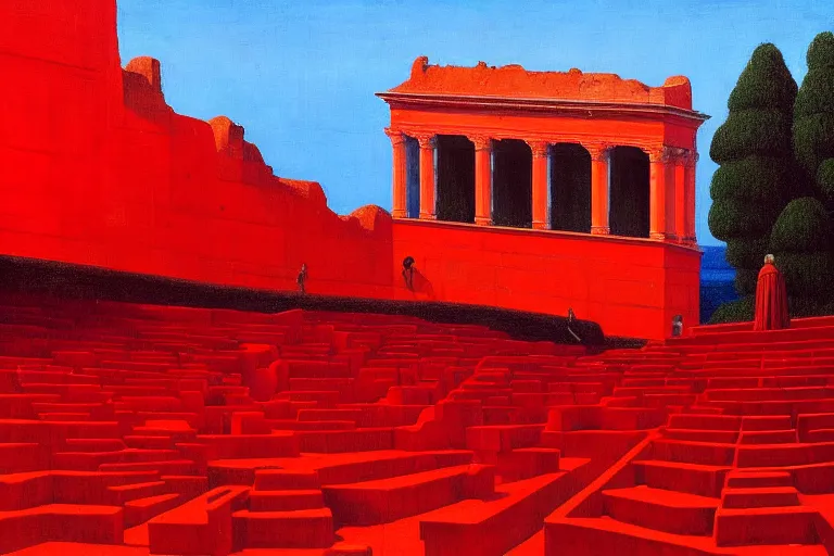 Image similar to only with red, a red great emperor, taormina amphitheatre, crowd with big smile, in the style of beksinski, parts by edward hopper, parts by rodcenko, parts by yue minjun, intricate and epic composition, red by caravaggio, insanely quality, highly detailed, masterpiece, red light, artstation, 4 k