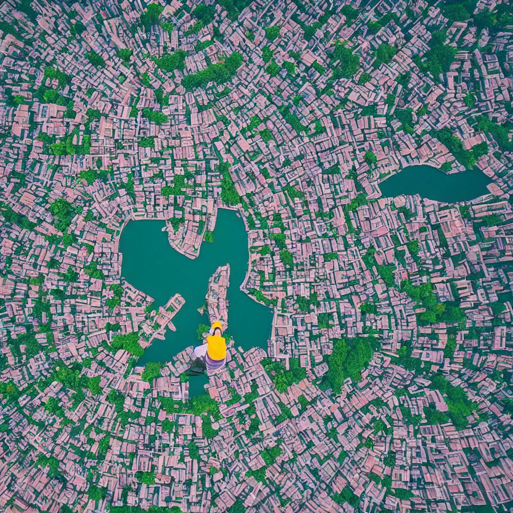 Image similar to pov of a man standing on a flying castle looking down at village in the ground in the style of spirited away