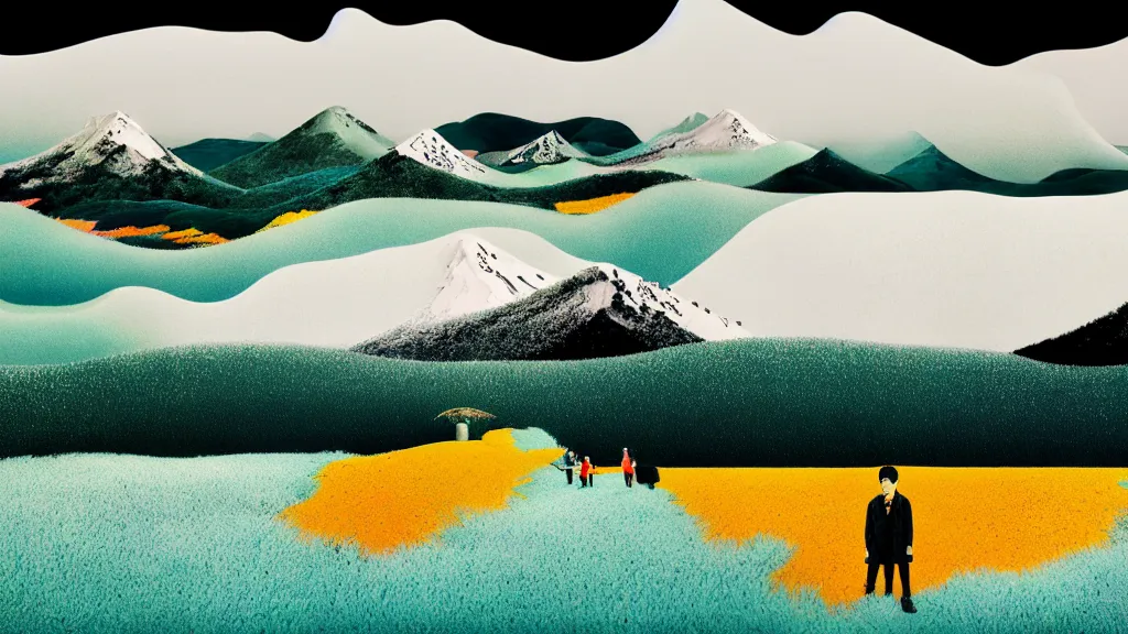 Image similar to dramatic landscape of hokkaido prefecture, japan, a collage painting, in the style of wes anderson, lola dupre, david hockney, isolated on negative white space background dark monochrome neon fluorescent spraypaint accents volumetric octane render