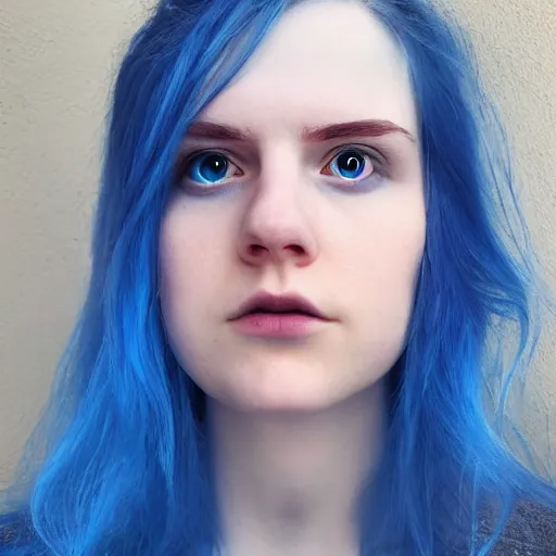 Image similar to a pale girl with piercing blue eyes and dyed blue hair, soft facial features, looking directly at the camera, neutral expression, instagram picture