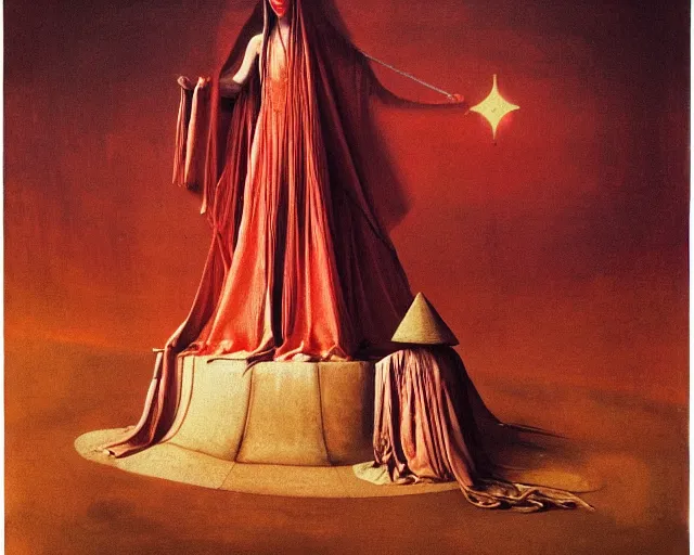 Image similar to devotion to the scarlet woman, priestess in a conical hat, coronation, ritual, sacrament, by francis bacon, beksinski, bosch, mystical redscale photography, opulence, luxury, maximalism.