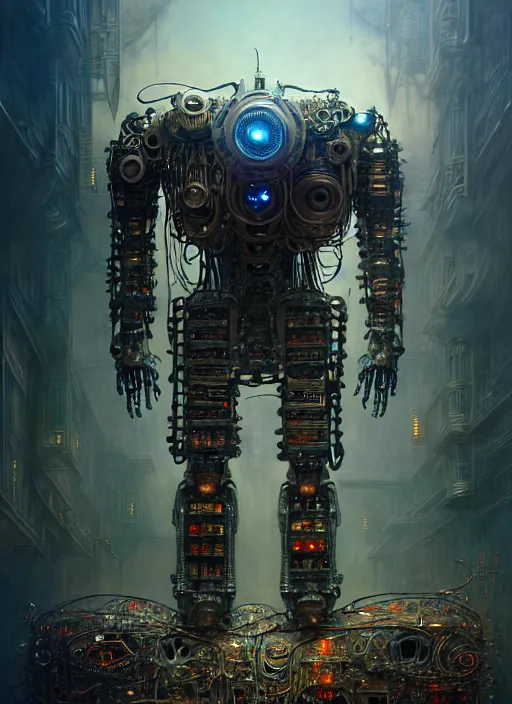 Image similar to A photorealistic 3d render of a robot monster cyborg made of circuits wide view shot by ellen jewett , tomasz alen kopera and Justin Gerard symmetrical features, ominous, magical realism, texture, intricate, ornate, royally decorated, android format, windows, many doors, roofs, complete house , whirling smoke, embers, red adornments, red torn fabric, radiant colors, fantasy, trending on artstation, volumetric lighting, micro details, 3d sculpture, ray tracing, 8k