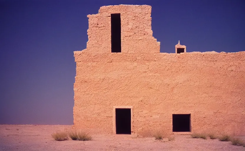 Prompt: movie still of building without window throw in a deep gulf in the desert, architecture by Canaletto, Cinestill 800t 18mm