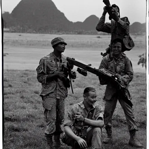 Image similar to soldiers taking a picture with a tyrannosaurus rex in the vietnam war, black and white, eddie adams, david burnett, robert capa, al chang, niel davis, marc riboud