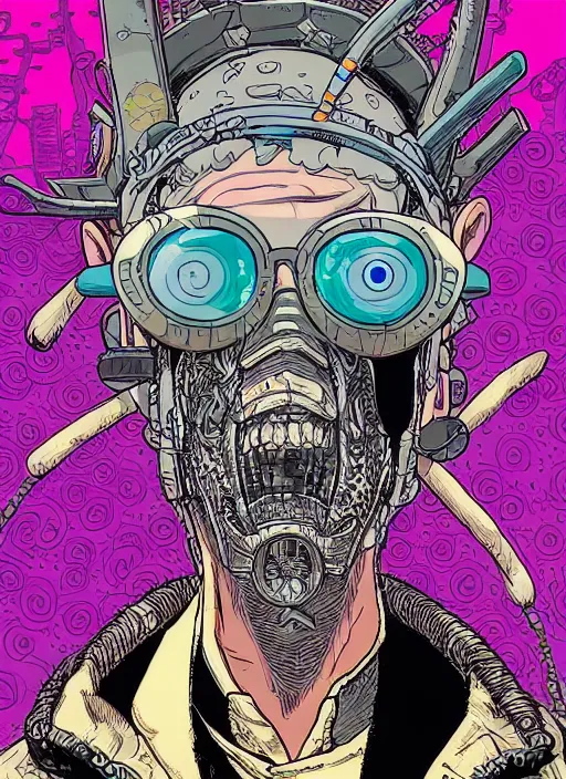 Prompt: hyper detailed comic illustration of a cyberpunk Evil!!! Morty!!! wearing a futuristic sunglasses and a gorpcore!!! jacket, pirate eye patch, by Josan Gonzalez and Geof Darrow, intricate details, vibrant, solid background, low angle fish eye lens
