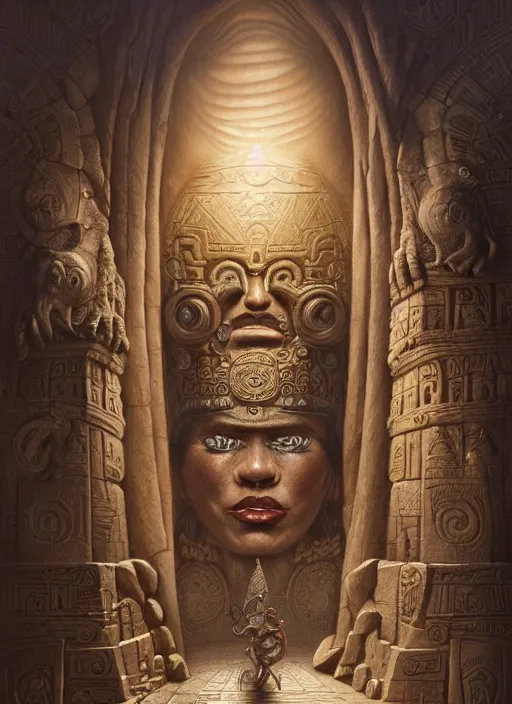 Image similar to wide angle shot inca calender stone carvings, intricate, elegant, highly detailed, centered, digital painting, artstation, concept art, smooth, sharp focus, illustration, artgerm, tomasz alen kopera, peter mohrbacher, donato giancola, joseph christian leyendecker, wlop, boris vallejo