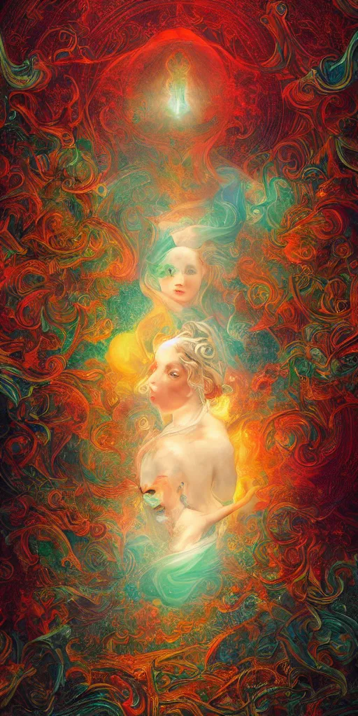 Image similar to ai dreams of god. baroque, deep focus, fantasy, intricate, elegant, highly detailed, digital painting, artstation, sharp focus, illustration. scarlet - green and mustard - indigo and azure - orange and white color scheme.