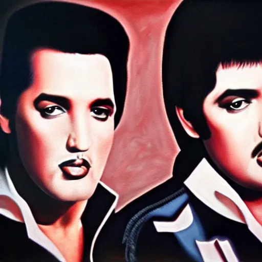 Image similar to elvis presley and freddie mercury singing together, oil painting, trending on art station, 8 k