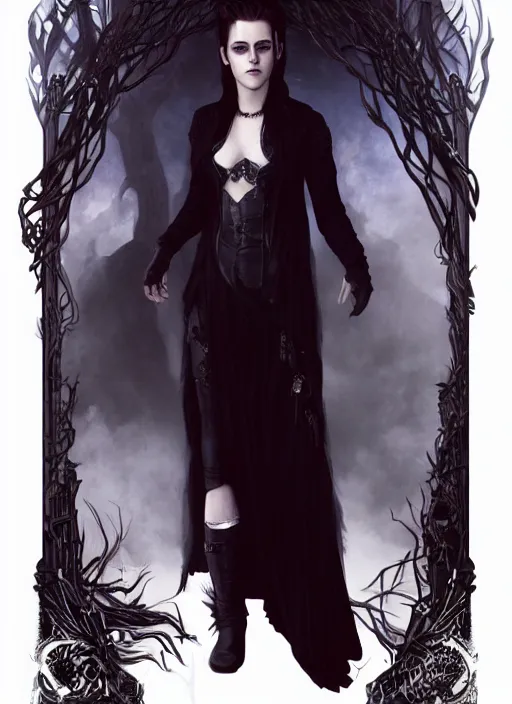 Image similar to portrait Kristen Stewart as a dark goth magician of the magic of darkness, full length shot, shining, 8k highly detailed, sharp focus, illustration, art by artgerm, mucha, bouguereau