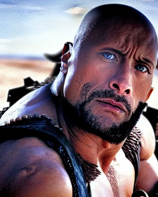 Image similar to film still close up shot of dwayne johnson in the movie mad max 2 the road warrior. photographic, photography