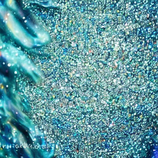 Image similar to glitter and painting mixing underwater turbulence, macro-photography, slow-motion capture