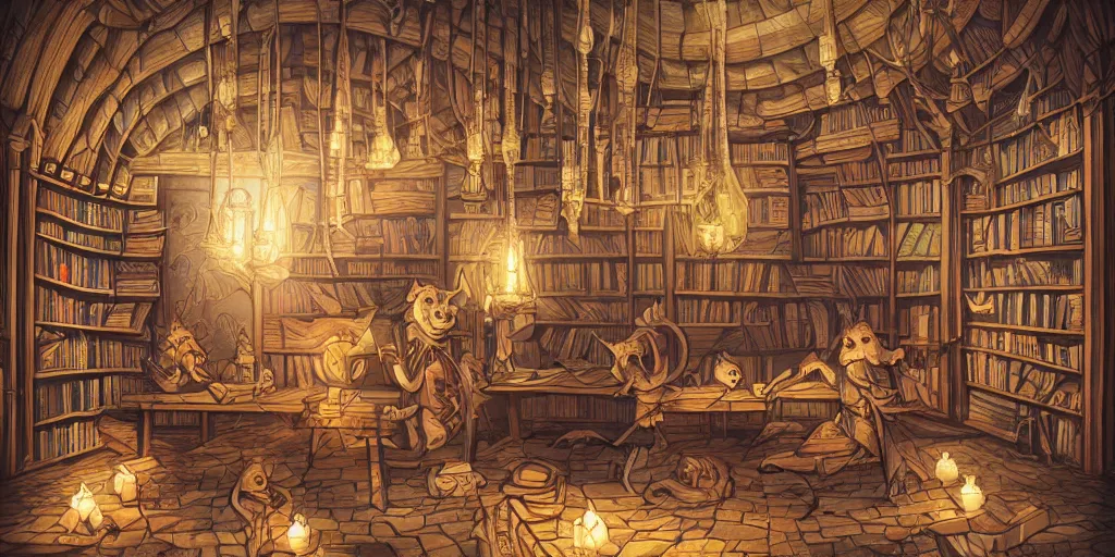 Prompt: humanoid wizard rats in wizard clothing, vast library, bookshelves, wooden banks, wooden tables, mosaic stone floor, passages, cel shading, 3 d art, 3 d cg, digital art, mixed art, celestial, majestic, mystical, cinematic light, candles, chandelier, lanterns, soft light