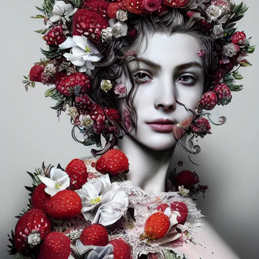 Image similar to the portrait of an absurdly beautiful, graceful, elegant, sophisticated, fashionable woman made of strawberries and white petals looking down, an ultrafine hyperdetailed illustration by kim jung gi, irakli nadar, intricate linework, bright colors, octopath traveler, final fantasy, unreal engine 5 highly rendered, global illumination, radiant light, detailed and intricate environment