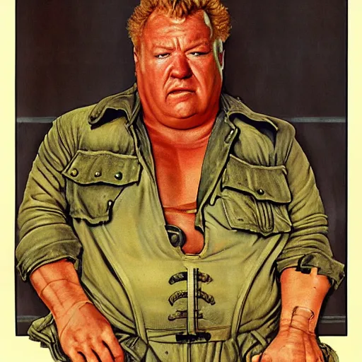 Image similar to dynamic upper body portrait of ray winstone as baron harkonnen in 1982 movie dune, by norman rockwell and boris vallejo