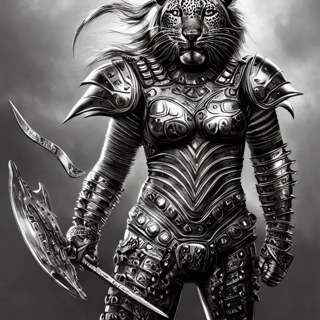 Image similar to warrior with metal jaguar armour, highly detailed, 4 k, hdr, smooth, sharp focus, high resolution, award - winning photo, artgerm, photorealistic