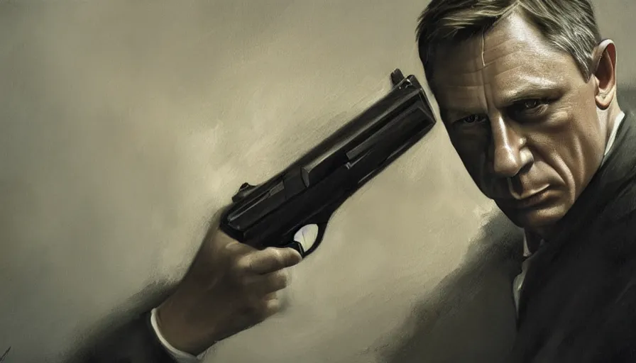Prompt: a beautiful painting in the style of cedric peyravernay of daniel craig as james bond, dimly lit in the shadows holding a walther ppk close to his face, extremely detailed, 4 k