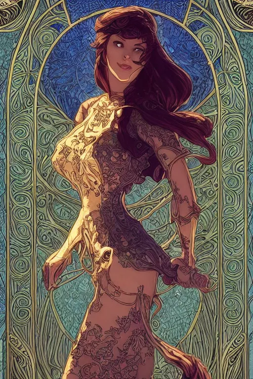 Prompt: full - body artwork, cattie - brie of mithril hall, by artgerm, andreas rocha, greg rutkowski. art nouveau neo - gothic tarot card by mucha. swirly intricate glass linework background. gaudy colors, sharp edges. ultra clear detailed. 8 k. elegant. octane render